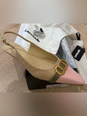 Larroude Franca Micro Heel Slingback Pump Pink/Beige/Green Raffia Sz 7 1/2 NWT